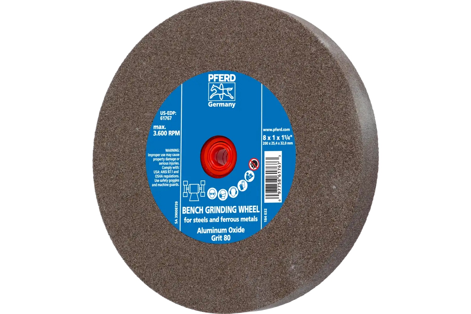 Picture of Pferd Vitrified Bench Wheel, Universal, 8" X 1 X 2, 80 Grit, Aluminum Oxide